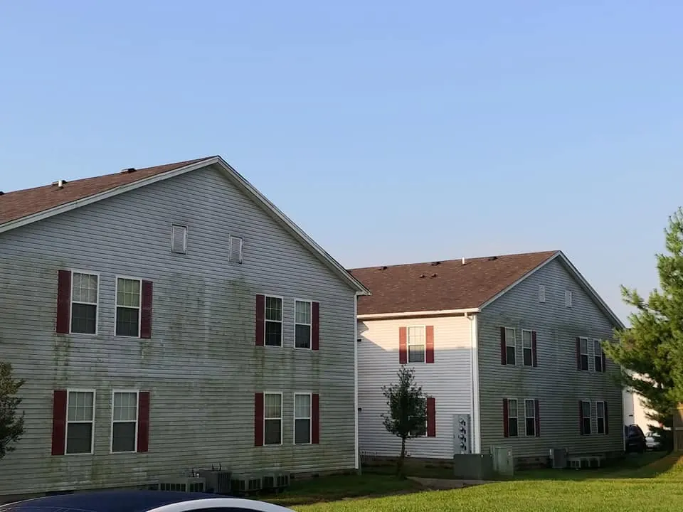 Two apartment buildings with gray-green mildew on the vinyl siding